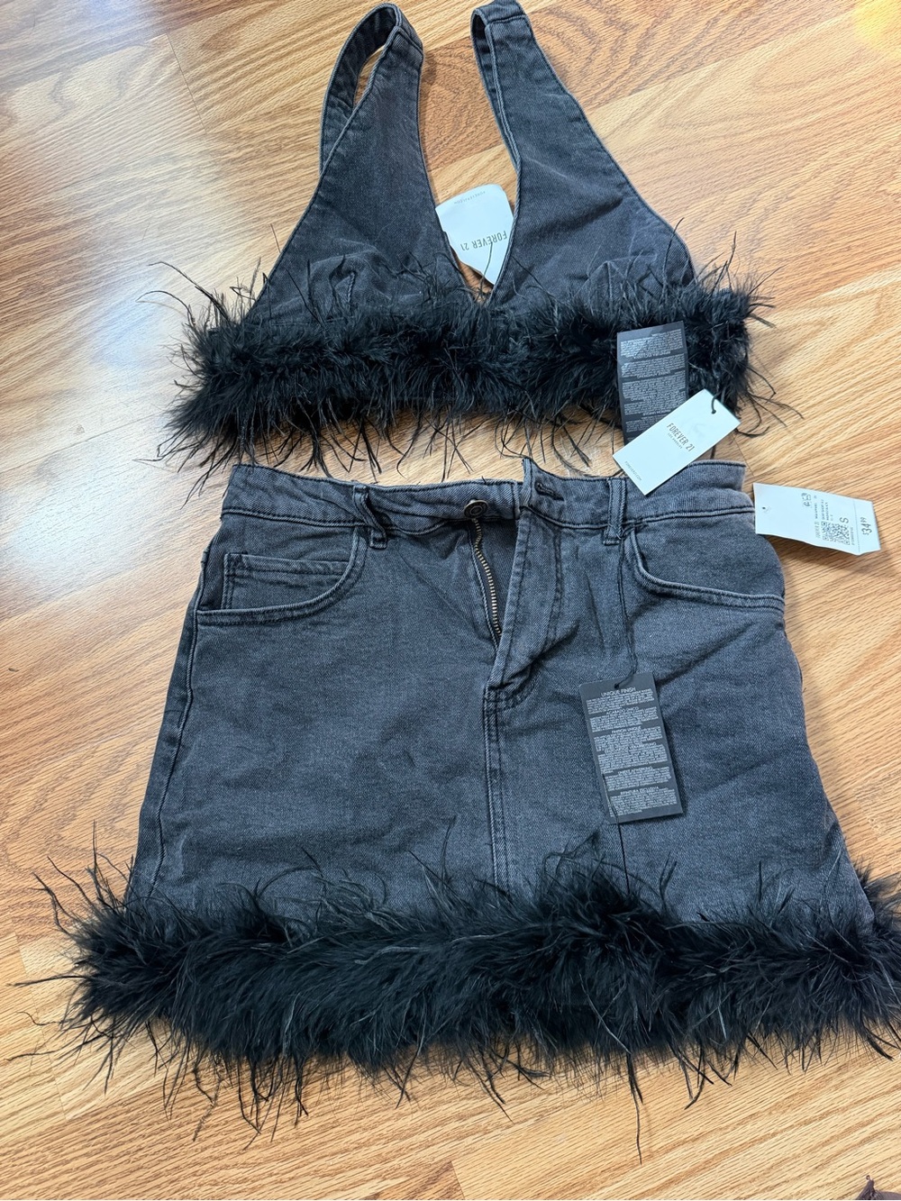 Forever 21 Black Denim Feather Trim Vest and Skirt Set